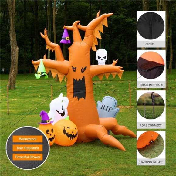 8 ft Halloween Inflatable Spooky Tree, with Ghosts Pumpkins Skull and Tombstone - Picture 4 of 7